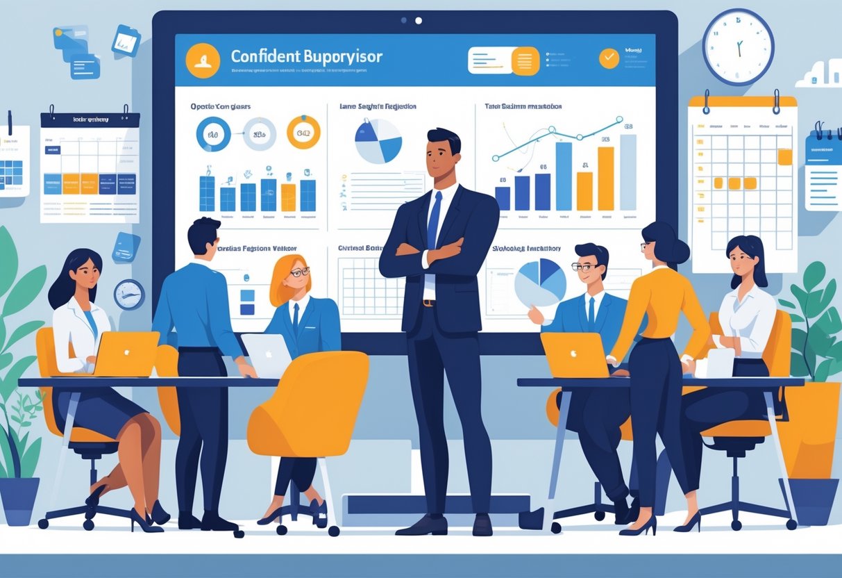13 Supervisor Resume Examples & Guide for 2025: Templates and Expert Tips for Success 4 A supervisor standing in an office with team members collaborating and charts displayed on a screen, representing leadership and teamwork.