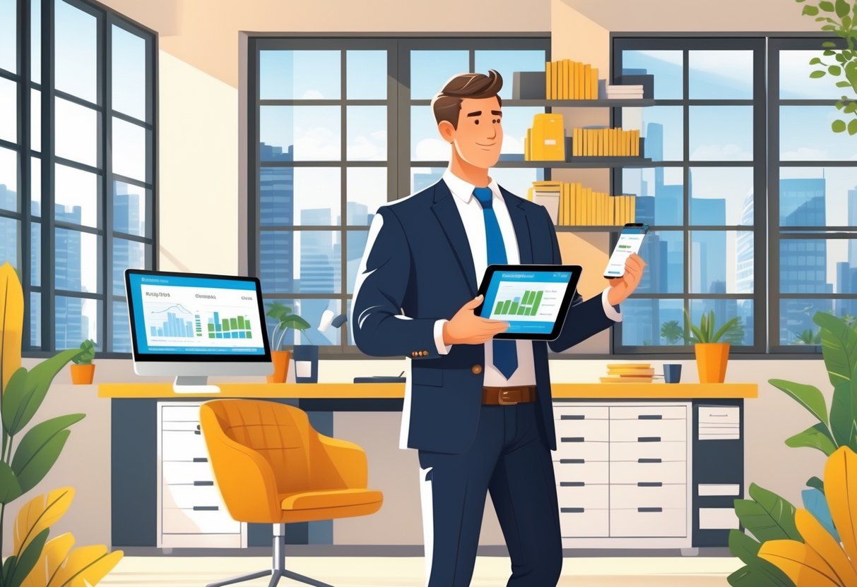 11 Real Estate Agent Resume Examples & Guide for 2025: Tips, Templates, and Expert Advice 2 A real estate agent in a modern office showing property information to clients with a cityscape visible through the windows.