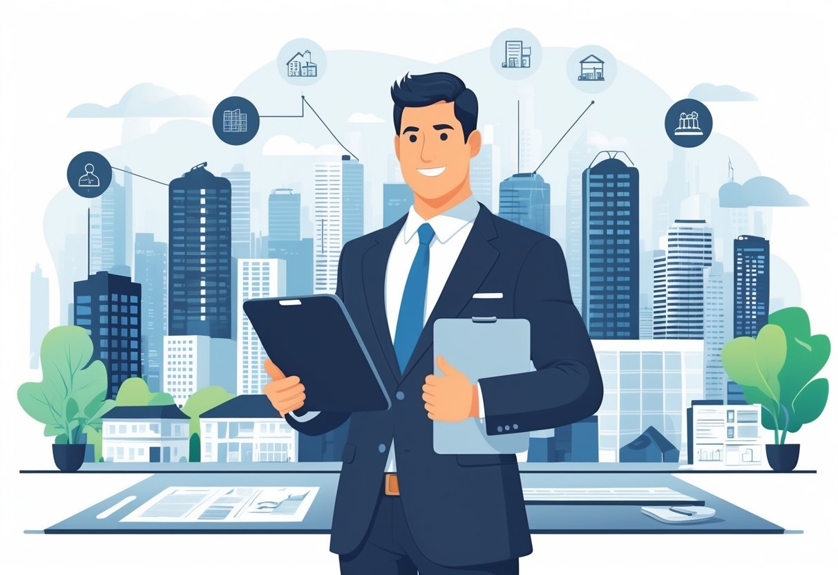 11 Real Estate Agent Resume Examples & Guide for 2025: Tips, Templates, and Expert Advice 3 A real estate agent stands confidently in front of a city skyline with buildings, holding a tablet, surrounded by icons representing real estate skills.
