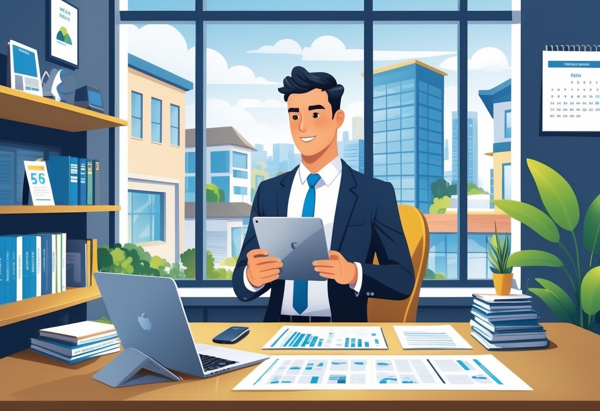 11 Real Estate Agent Resume Examples & Guide for 2025: Tips, Templates, and Expert Advice 5 A real estate agent working at a desk with a tablet and laptop in a modern office overlooking a cityscape with buildings.