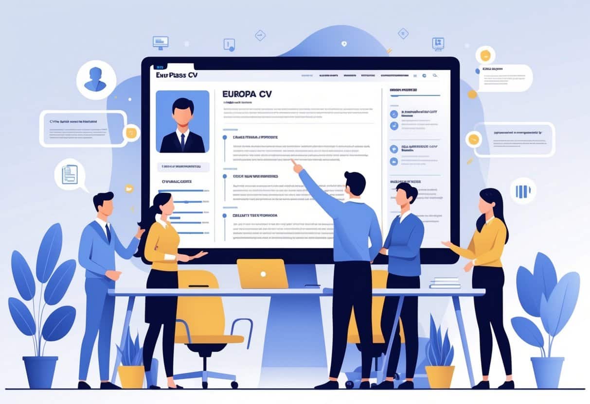 People collaborating around a computer displaying a CV template in a modern office setting.