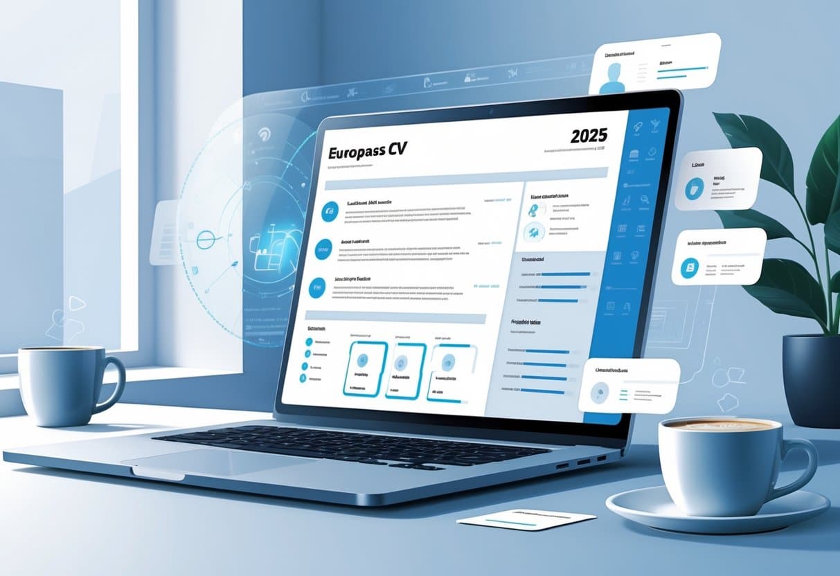 A modern workspace with a laptop displaying a digital CV template and futuristic holographic charts in a minimal office setting.