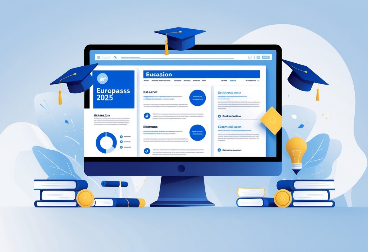 A modern digital workspace showing a computer screen with a detailed education section layout of a CV, surrounded by icons of graduation caps, books, and certificates.