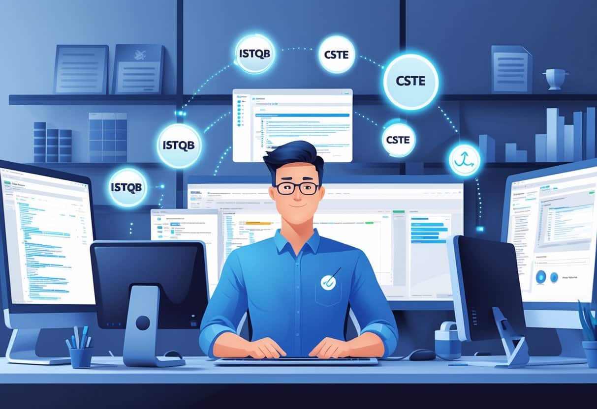 7 Software Tester Resume Examples & Guide for 2025: Stand Out with Modern Templates and Expert Tips 4 A software tester working at a computer with floating certification icons around them in a modern office setting.