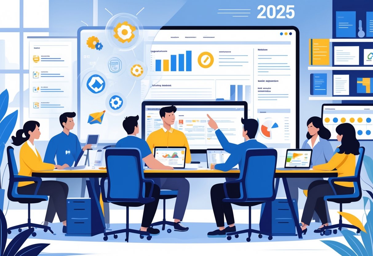 7 Software Tester Resume Examples & Guide for 2025: Stand Out with Modern Templates and Expert Tips 5 A group of professionals working together at a desk with laptops and digital screens showing software testing and resume-related visuals.