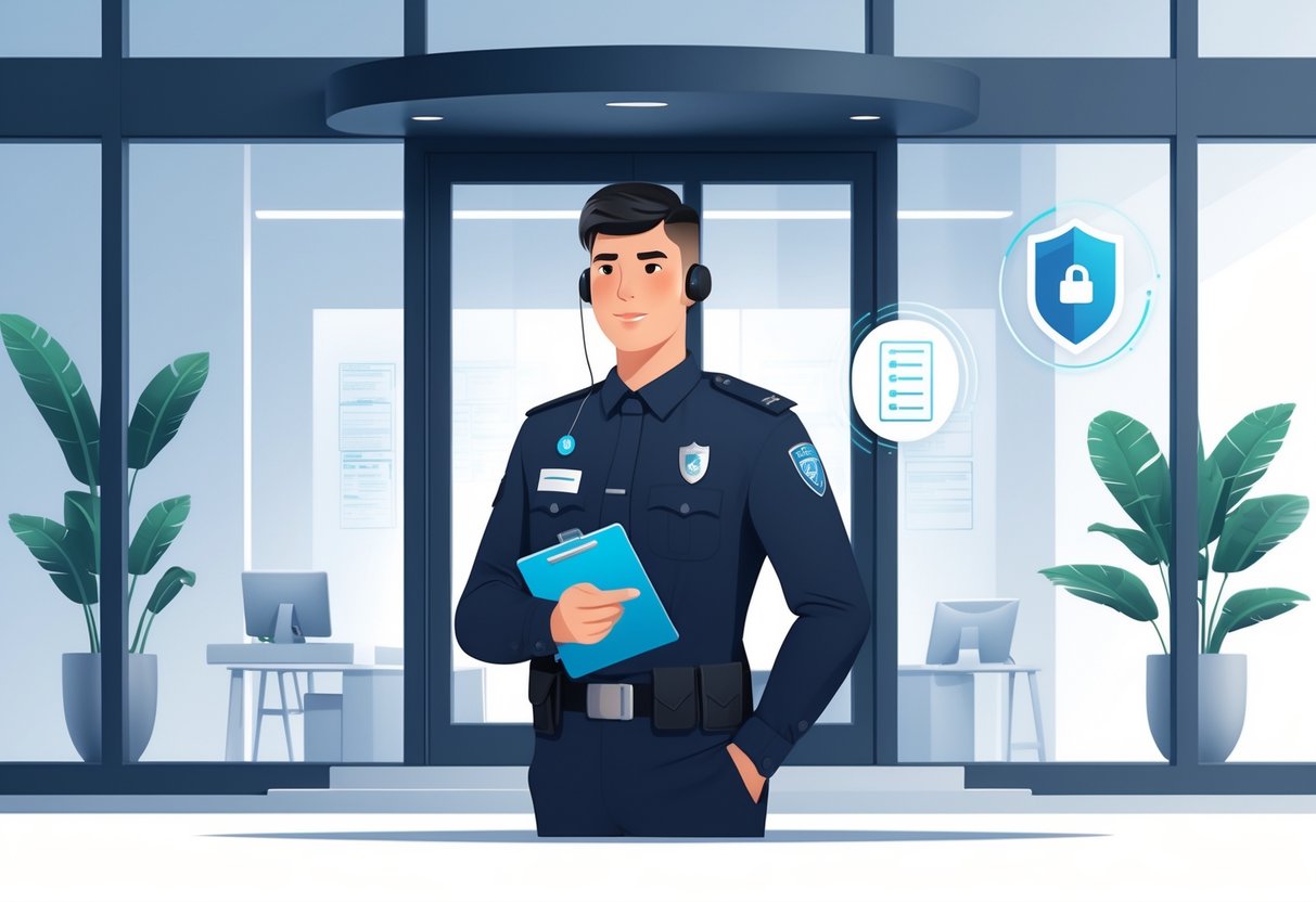 5 Security Guard Resume Examples & Guide for 2025: Templates, Tips, and Key Skills 5 A security guard standing confidently in front of an office building entrance holding a clipboard with security-related icons floating nearby.
