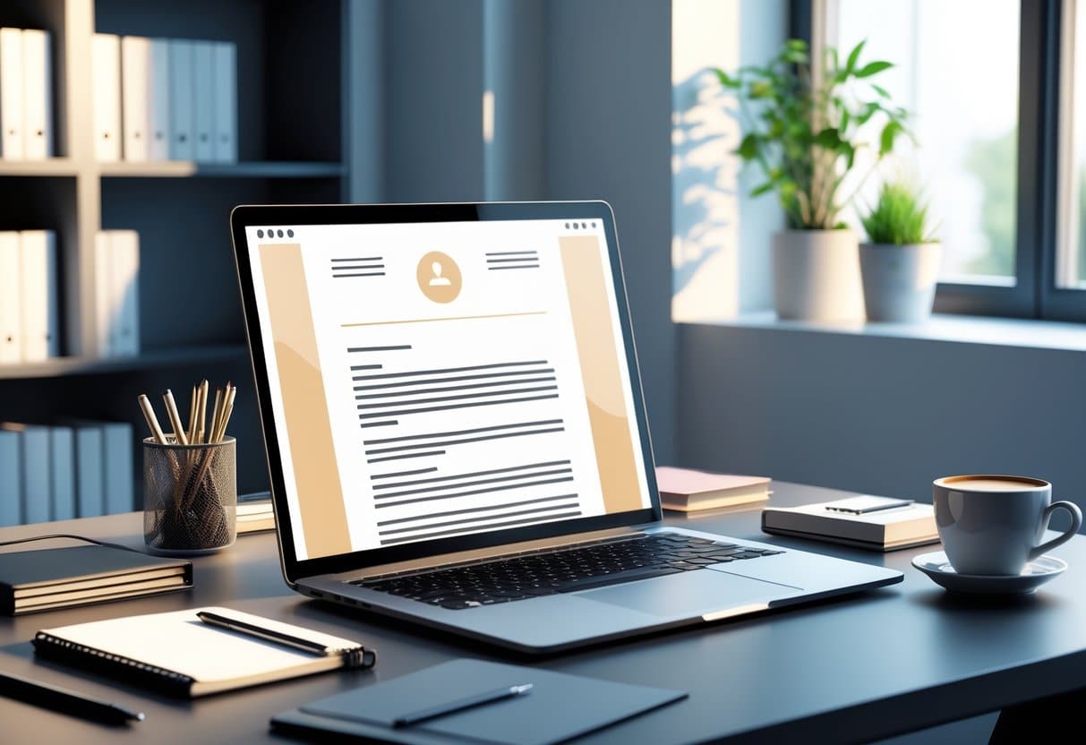 Professional Internship Cover Letter Examples & Guide for 2025: Tips for Writing a Standout Application 1 A tidy office desk with a laptop displaying a digital document, surrounded by stationery and a coffee cup, with a bookshelf and potted plant in the background.