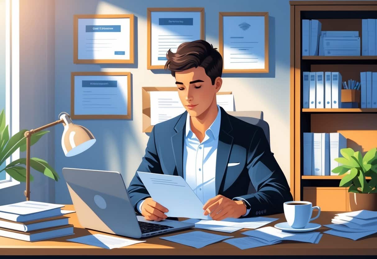 Professional Internship Cover Letter Examples & Guide for 2025: Tips for Writing a Standout Application 2 A young adult writing a cover letter at a desk in an office with bookshelves and certificates in the background.