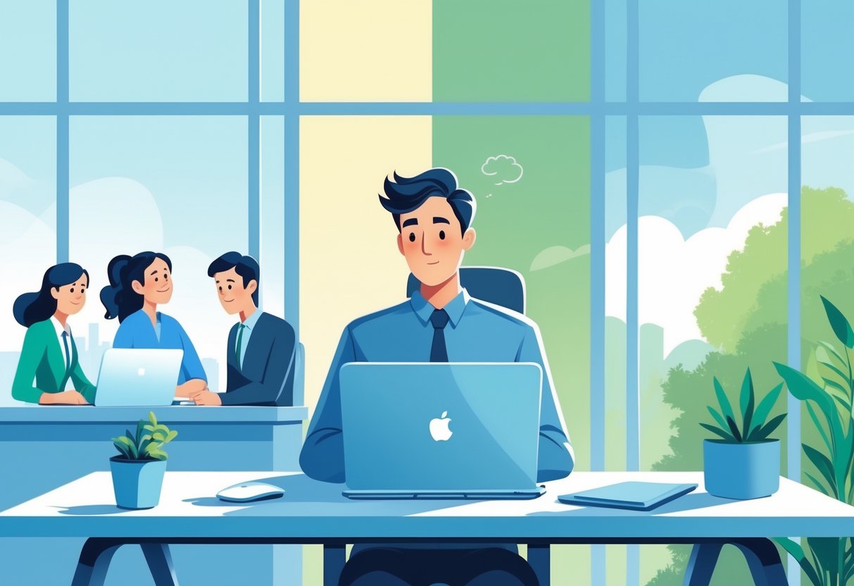 Should you stay or quit your job? Take the quiz! Find out what’s best for your career 1 A person sitting at a desk looking thoughtful, with an office scene on one side and a peaceful outdoor scene on the other, representing a decision about staying or quitting a job.