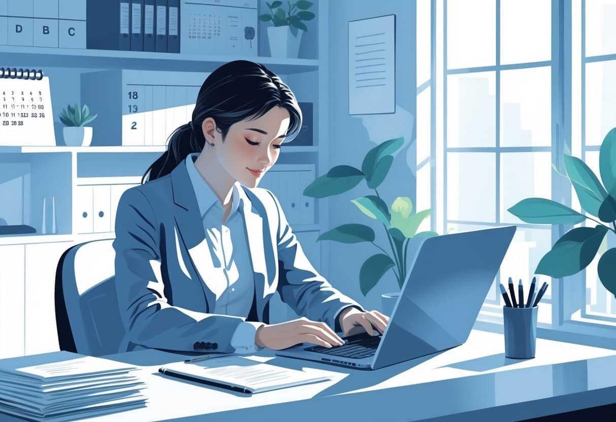 Professional Internship Cover Letter Examples & Guide for 2025: Tips for Writing a Standout Application 5 A young adult working at a desk with a laptop and papers in a bright, organized office.