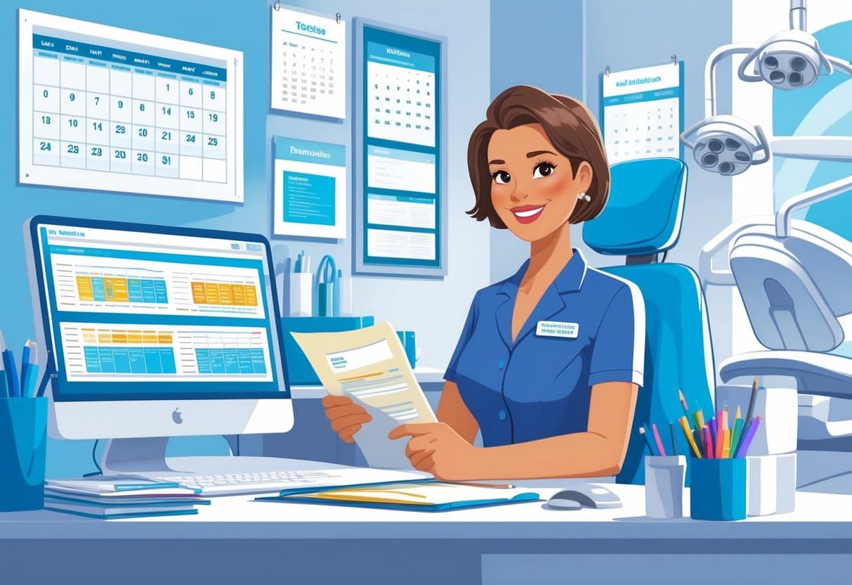 7 Dental Office Manager Resume Examples & Guide for 2025: Stand Out in Today’s Job Market 1 A dental office manager working at a desk with a computer, calendar, and dental office equipment in the background.