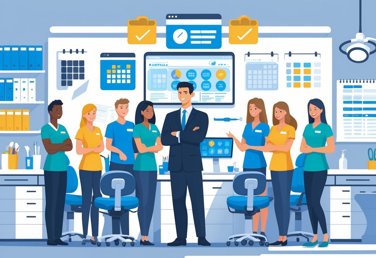 7 Dental Office Manager Resume Examples & Guide for 2025: Stand Out in Today’s Job Market 2 A dental office manager interacting with staff in a clean, organized dental clinic, showing teamwork and leadership.