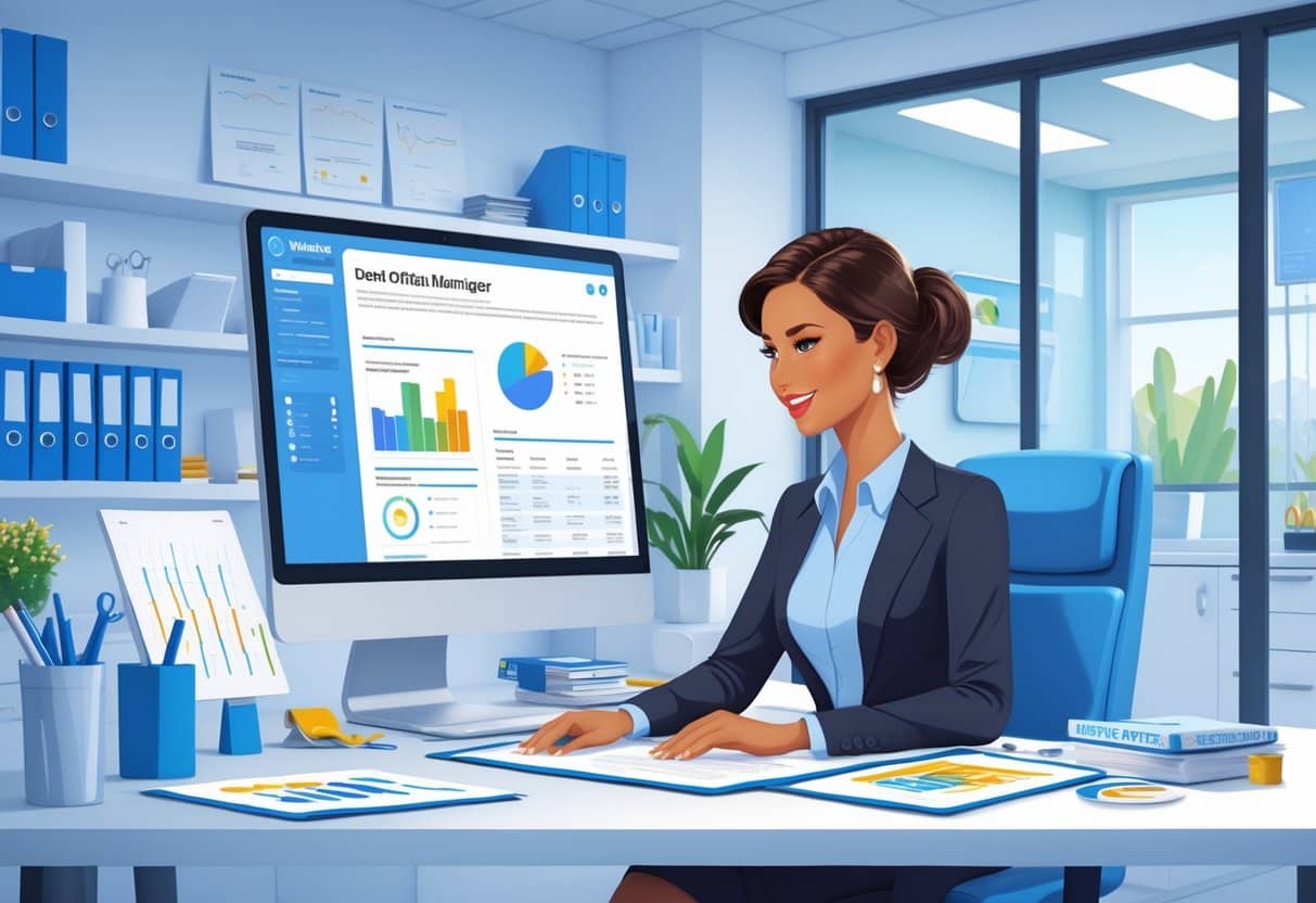 7 Dental Office Manager Resume Examples & Guide for 2025: Stand Out in Today’s Job Market 3 A dental office manager working at a desk with a computer and dental office items in a bright, organized office.