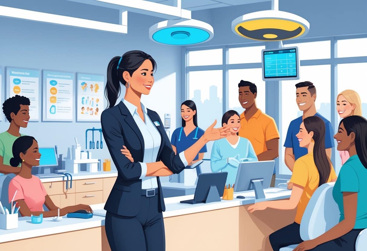 7 Dental Office Manager Resume Examples & Guide for 2025: Stand Out in Today’s Job Market 4 A dental office manager interacting with patients and staff in a bright dental clinic, demonstrating communication and professionalism.