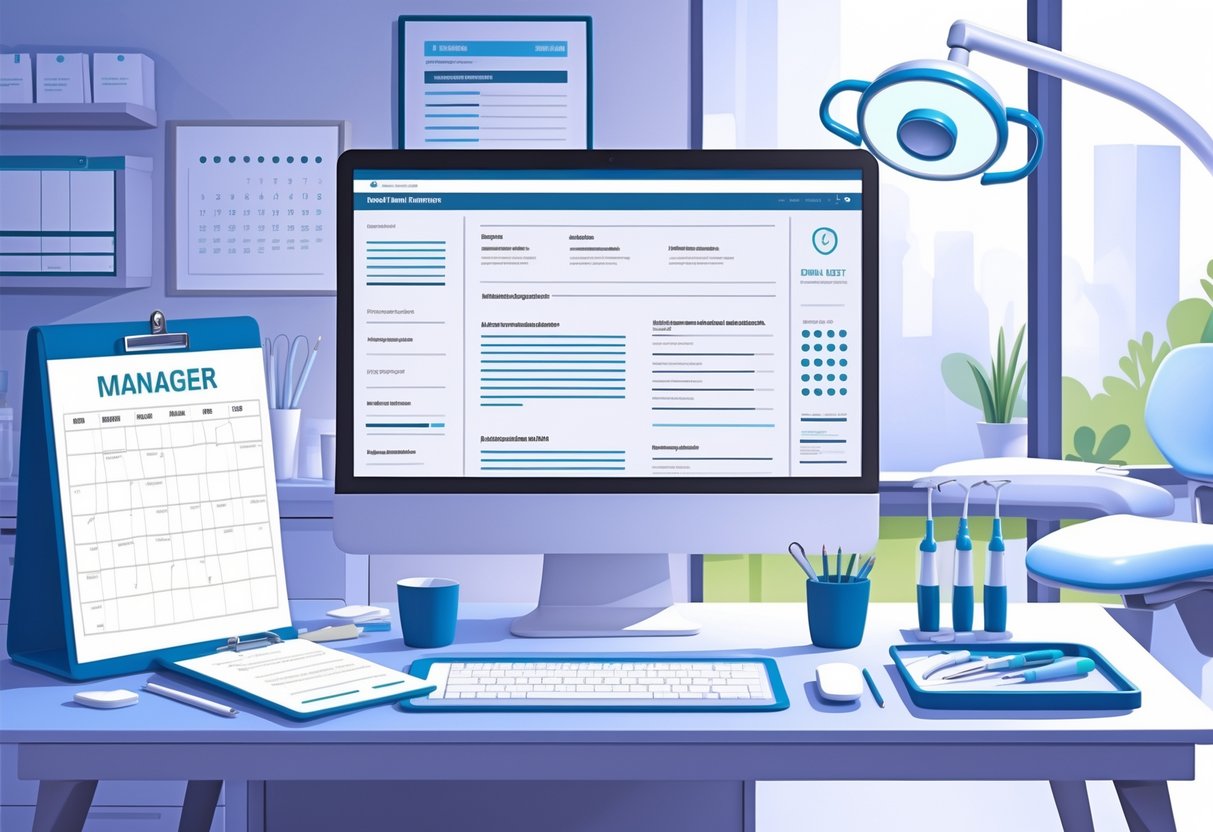 7 Dental Office Manager Resume Examples & Guide for 2025: Stand Out in Today’s Job Market 5 A dental office manager's organized workspace with a computer, calendar, checklist, and dental tools in a clean dental office setting.