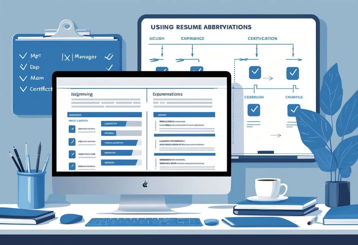 Resume Abbreviations: When & How to Use Them for Clarity in Job Applications 3 A workspace with a laptop showing a resume template, surrounded by stationery and a whiteboard with a checklist illustrating the use of abbreviations for clarity.