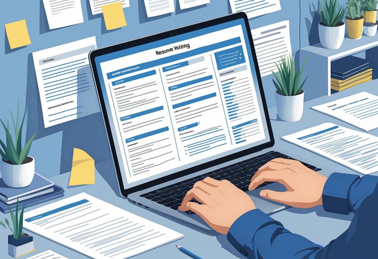 Resume Abbreviations: When & How to Use Them for Clarity in Job Applications 4 A workspace with a laptop showing a resume template, surrounded by notes and reference materials, with hands typing on the keyboard.