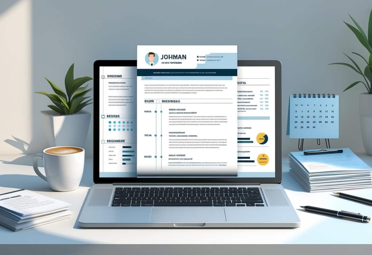 A Breakdown of a Successful One Page Resume: Essential Elements for Maximum Impact 3 A workspace with a laptop showing a well-organized resume layout, surrounded by office items like documents, a pen, and a coffee cup.