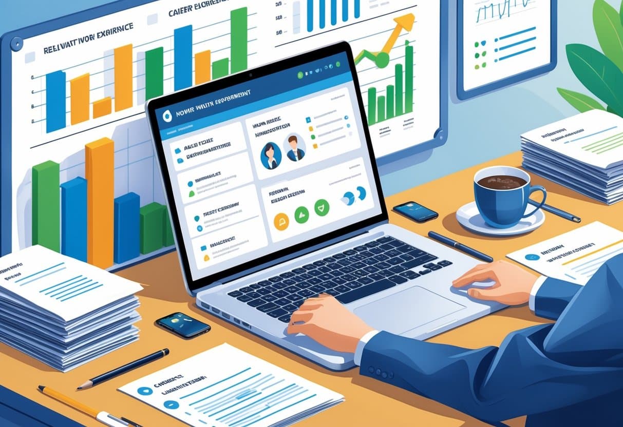 A Breakdown of a Successful One Page Resume: Essential Elements for Maximum Impact 4 A workspace with a laptop showing a digital resume layout, surrounded by documents, a coffee cup, and a whiteboard with charts representing career progress.