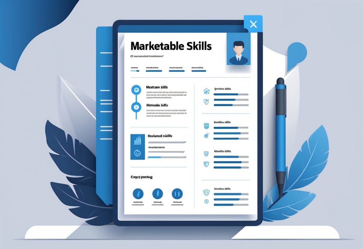 A Breakdown of a Successful One Page Resume: Essential Elements for Maximum Impact 5 A clean and organized one-page resume layout highlighting a section for marketable skills with icons representing different professional abilities.