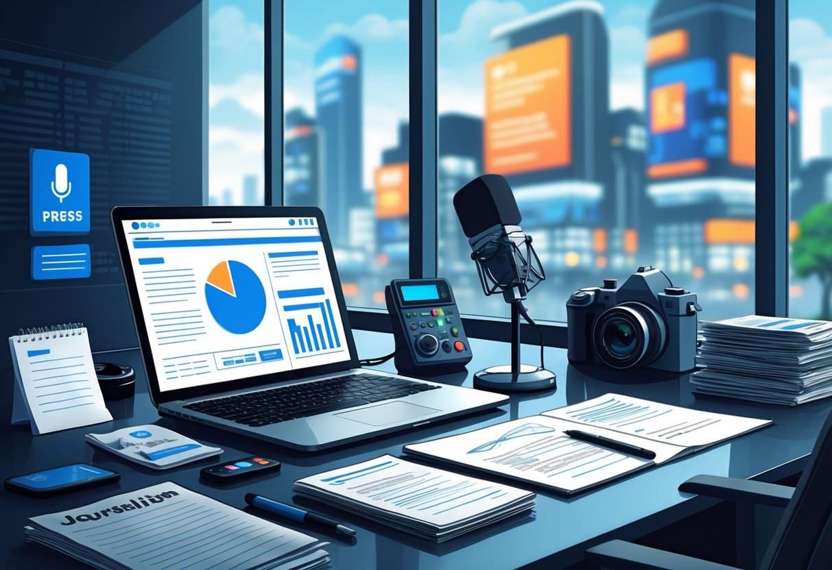 A journalist's desk with a laptop, notepad, microphone, camera, and cityscape visible through a window.