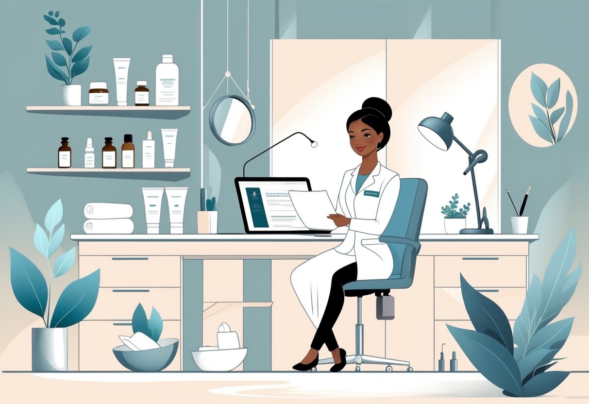 An esthetician in a clean treatment room reviewing documents at a desk surrounded by skincare products and plants.