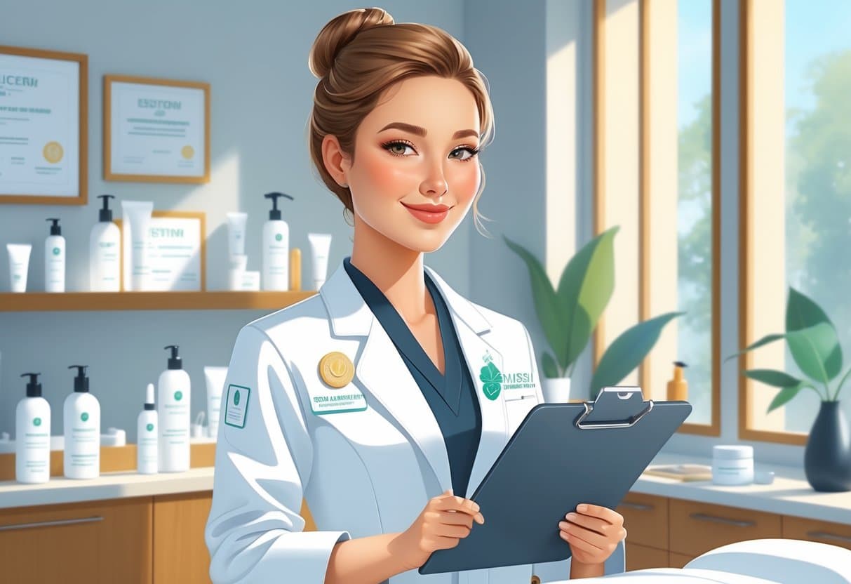 An esthetician wearing a white lab coat with certification badges, standing in a clean skincare clinic with framed certificates on the wall and skincare products on shelves.