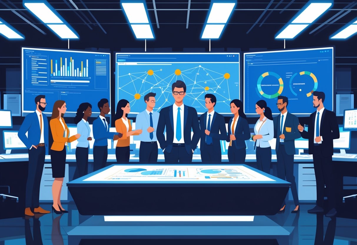An IT director leads a team working together around a digital touchscreen table in a modern office filled with computers and monitors.