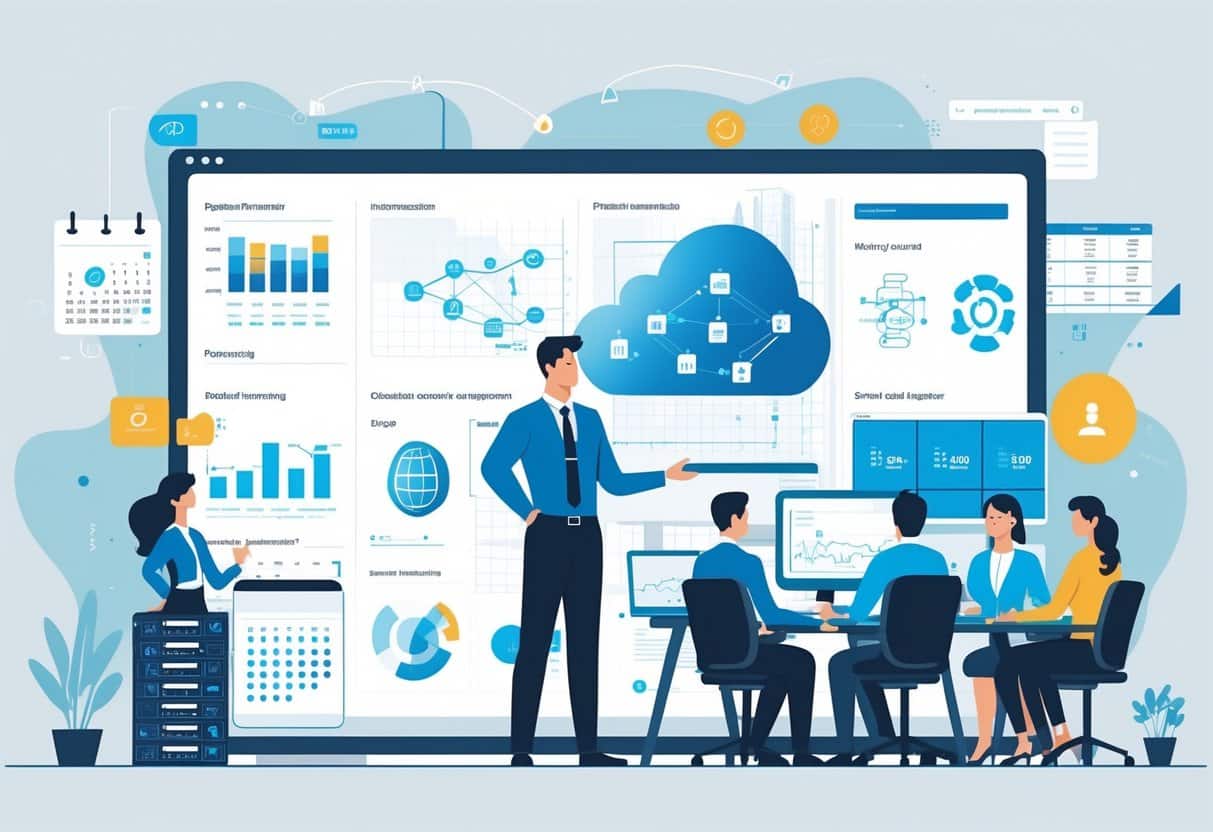 An IT Director in an office reviewing digital network diagrams and collaborating with colleagues on strategic planning and infrastructure management.