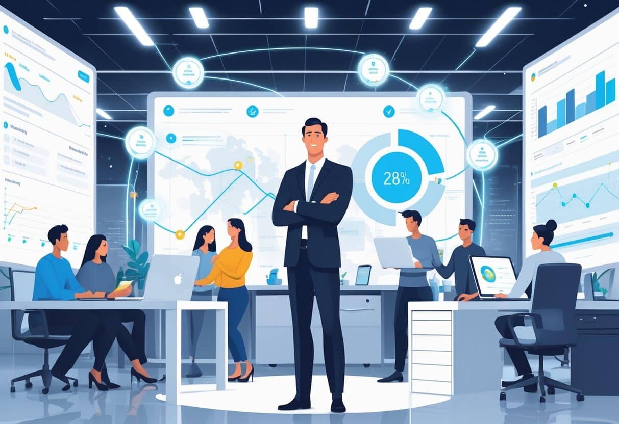 An IT director leading a diverse team in a modern office with digital screens showing project progress and charts, symbolizing teamwork and successful project management.