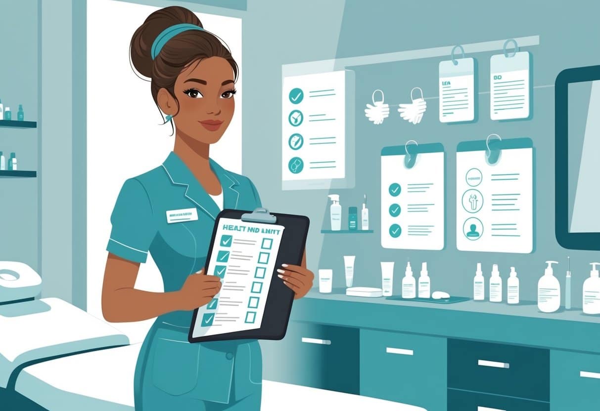 An esthetician in a clean spa room holding a clipboard with health and safety items visible around, showing a professional and hygienic beauty care environment.