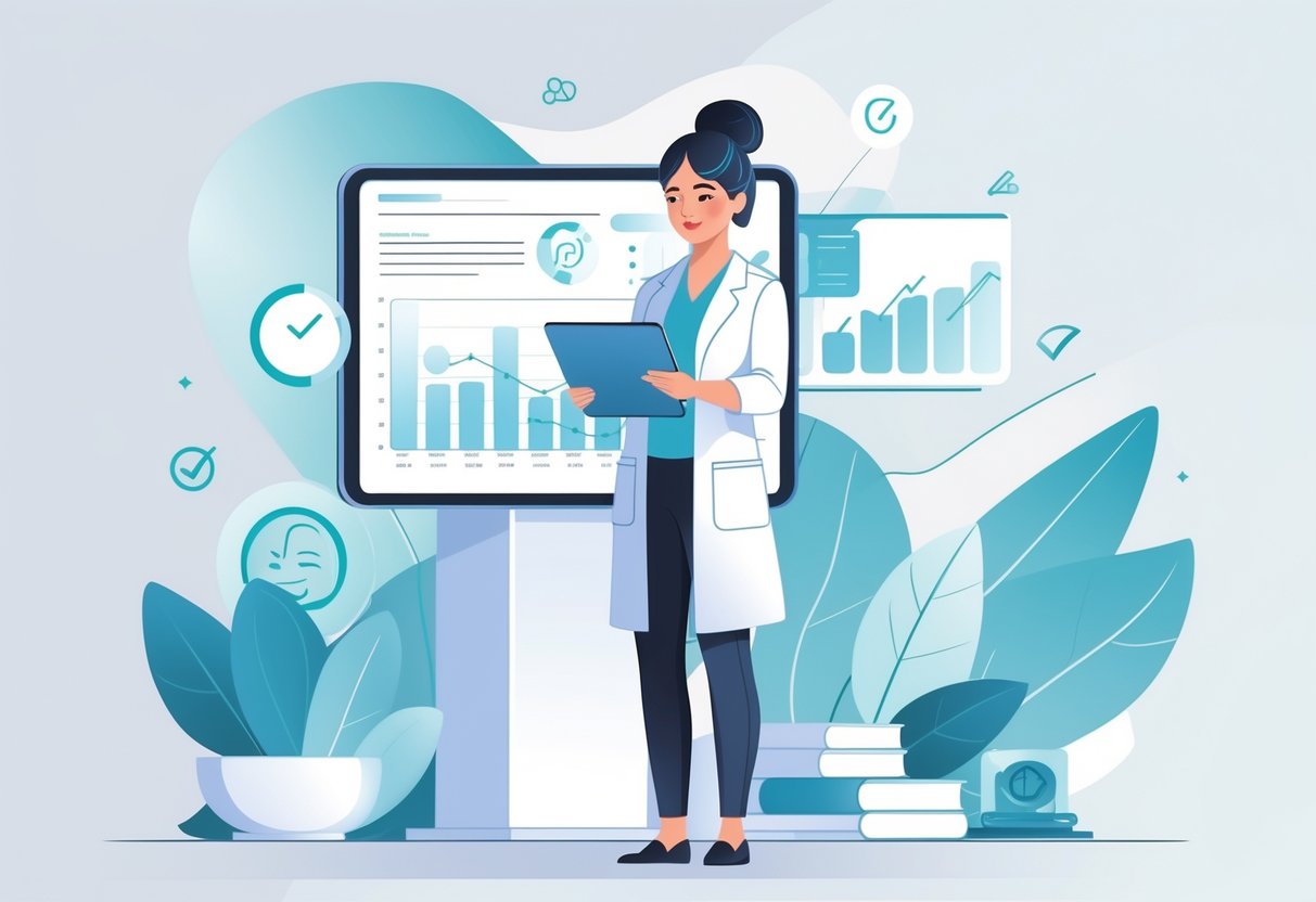 An esthetician reviewing charts and graphs on a digital tablet in a modern spa setting, surrounded by symbols of success and skincare tools.
