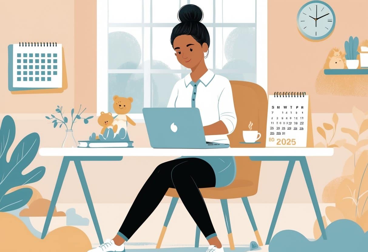 A young babysitter working on a laptop at a desk surrounded by children's toys and a calendar showing the year 2025.