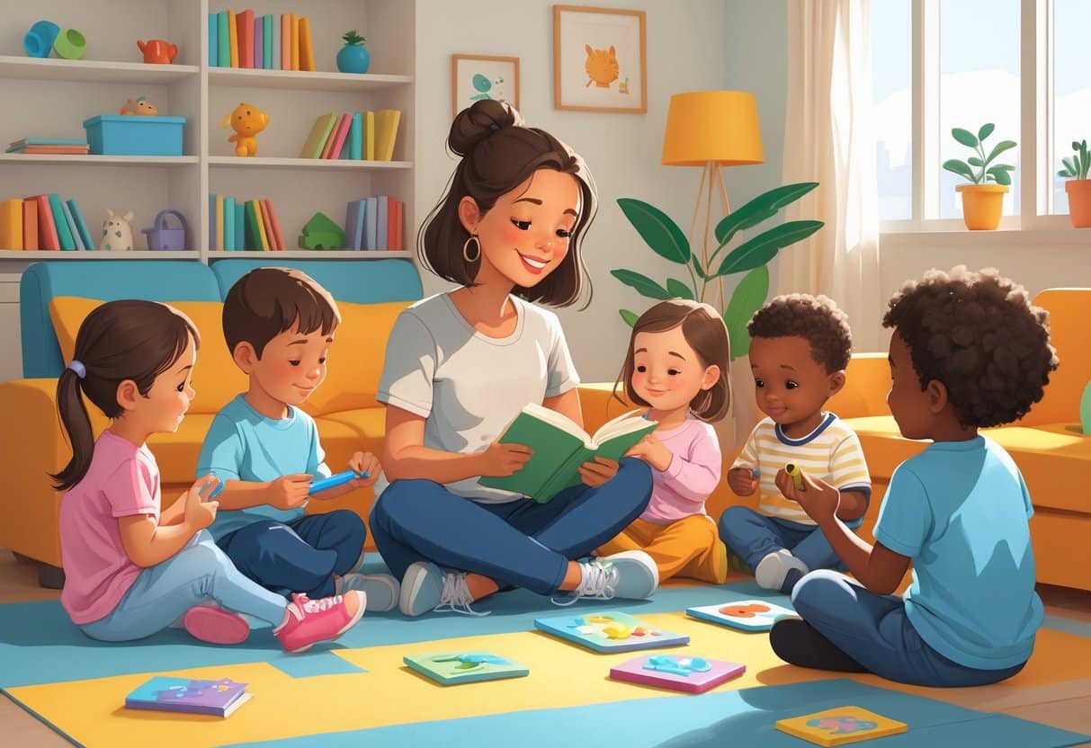 10 Babysitter Resume Examples & Guide for 2025: Templates, Tips, and Writing Strategies 2 A babysitter engaging with children of various ages in a cozy playroom, playing and reading together.