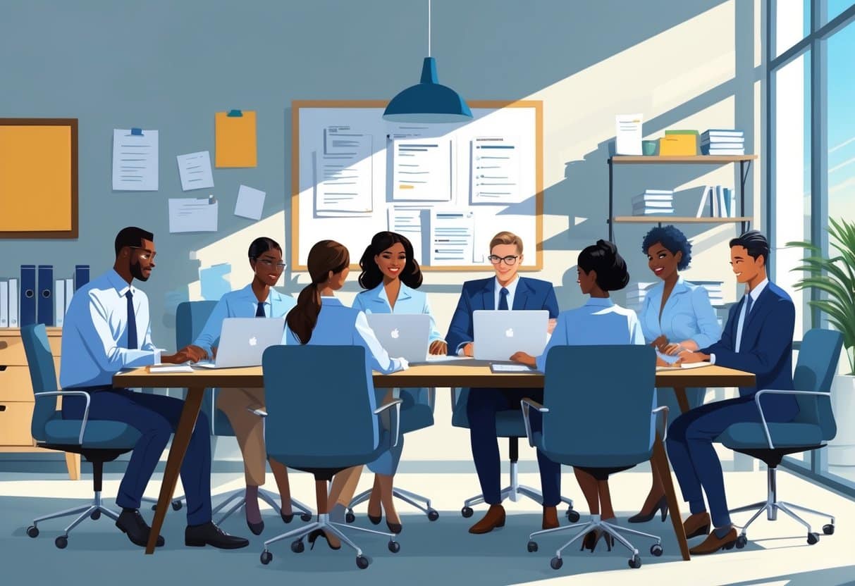 7 Insurance Agent Resume Examples That Got Jobs for 2025: Proven Formats and Tips for Success 1 Seven insurance agents working together in an office, reviewing documents and using laptops around a conference table.