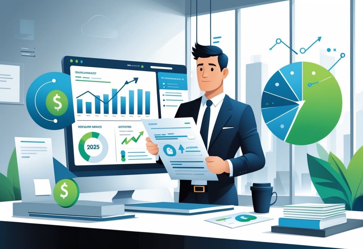 7 Insurance Agent Resume Examples That Got Jobs for 2025: Proven Formats and Tips for Success 3 An insurance agent in an office reviewing charts showing financial growth with documents and icons related to insurance and revenue around them.