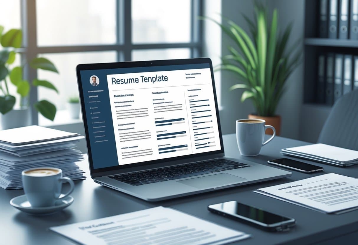 7 Insurance Agent Resume Examples That Got Jobs for 2025: Proven Formats and Tips for Success 5 A tidy office desk with a laptop showing a resume layout, surrounded by documents, a coffee cup, and office supplies.
