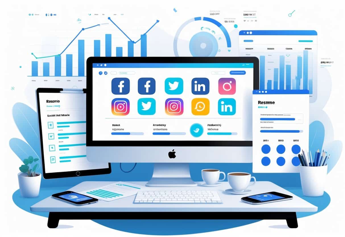 A modern workspace with a computer showing social media icons, a resume document, smartphone, coffee cup, and calendar, surrounded by floating graphs and analytics visuals.