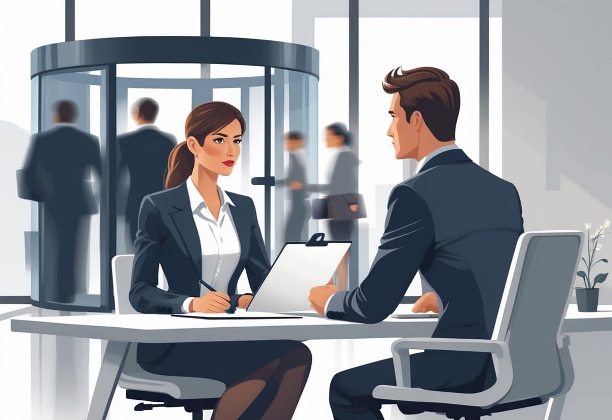 Is a Short Interview a Red Flag or Just Efficient? Understanding What Brief Interviews Really Mean 4 An interviewer and candidate sitting across a desk in a modern office, with a revolving door showing people coming and going in the background.