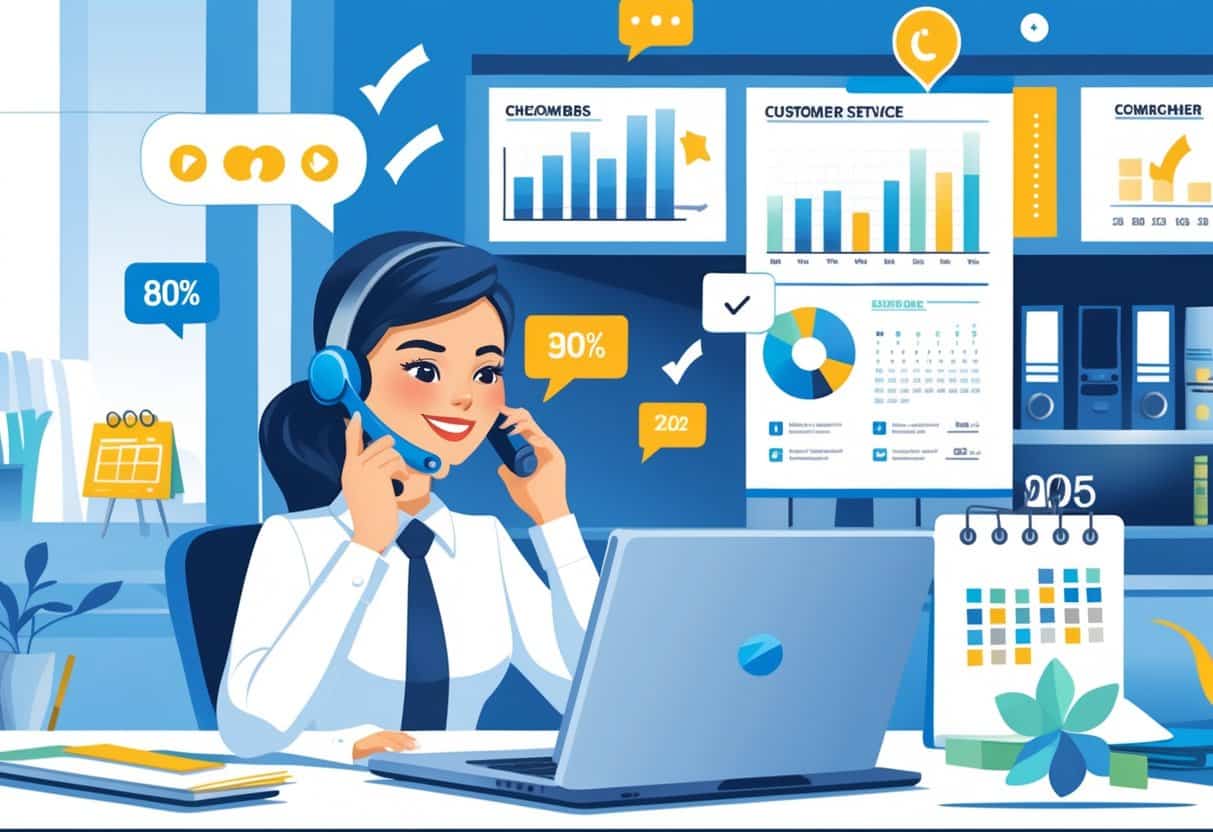 A customer service representative wearing a headset, sitting at a desk with a laptop and communication icons around, in a bright office environment.
