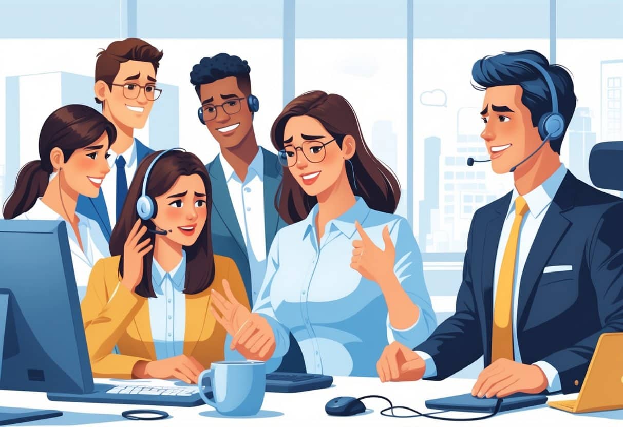 A customer service representative calmly assisting a diverse group of customers, including one upset customer, in a modern office setting.