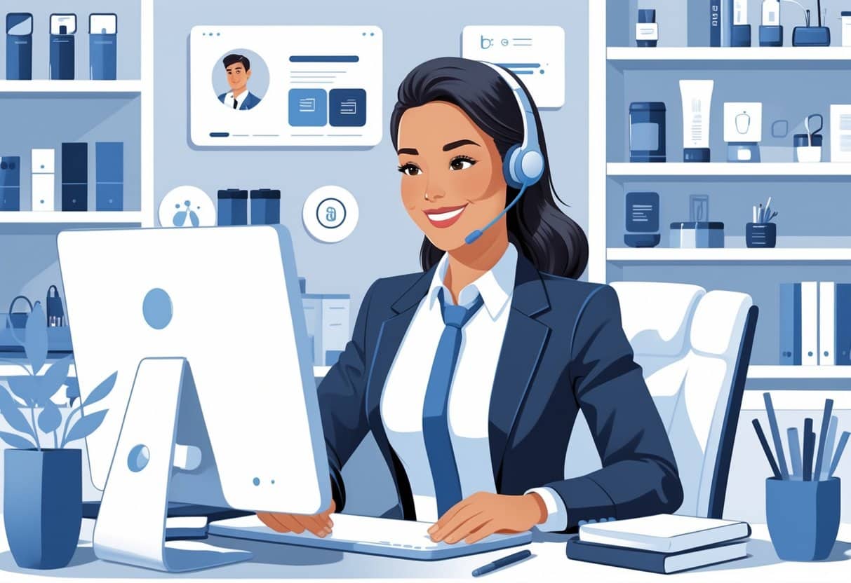 A customer service representative at a desk with a headset, surrounded by symbols of company products and services, attentively assisting clients.