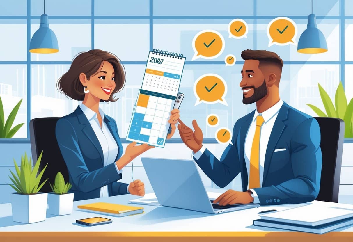 7 Ways to Reschedule Your Interview without Ruining Your Chances: Expert Tips for Success 2 A job candidate and an interviewer discussing alternative interview dates and times in a bright office with a calendar, clocks, and a laptop on the desk.