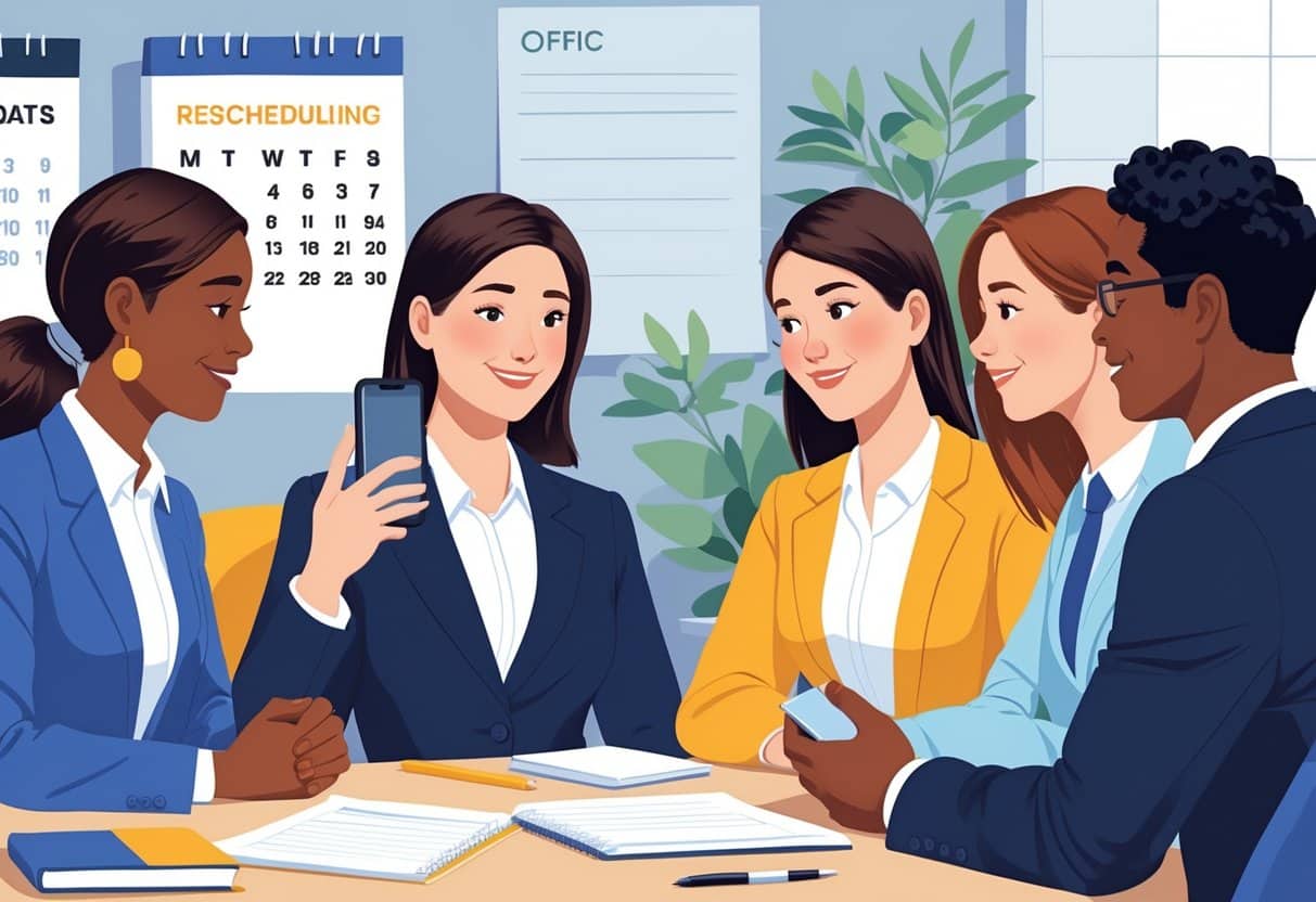 7 Ways to Reschedule Your Interview without Ruining Your Chances: Expert Tips for Success 3 People in a professional office having a polite conversation about rescheduling an interview.