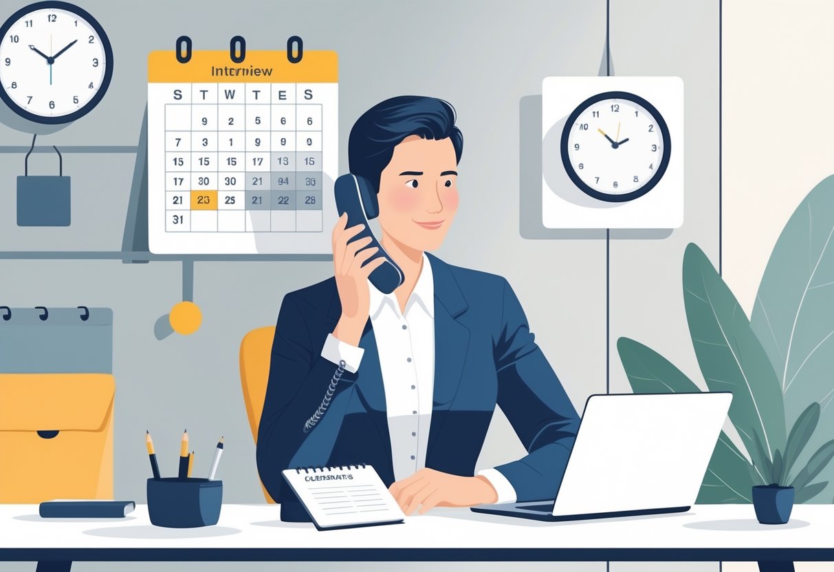 7 Ways to Reschedule Your Interview without Ruining Your Chances: Expert Tips for Success 4 A person in business attire speaking on the phone at a desk with a laptop, calendar, and clock nearby, suggesting rescheduling an interview.