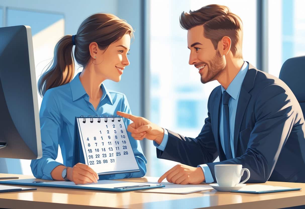 7 Ways to Reschedule Your Interview without Ruining Your Chances: Expert Tips for Success 5 Two people in an office discussing and agreeing on a date using a calendar during a professional meeting.