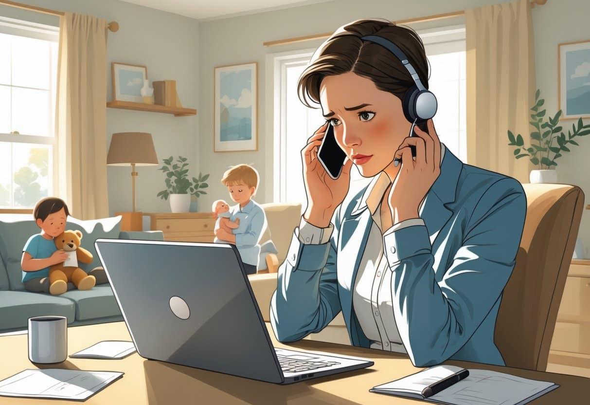 7 Excuse for Missing a Work Teams Meeting: Valid Reasons to Explain Your Absence 2 A person at a home desk looks concerned while a family member comforts a child in the background, showing a family emergency interrupting work.