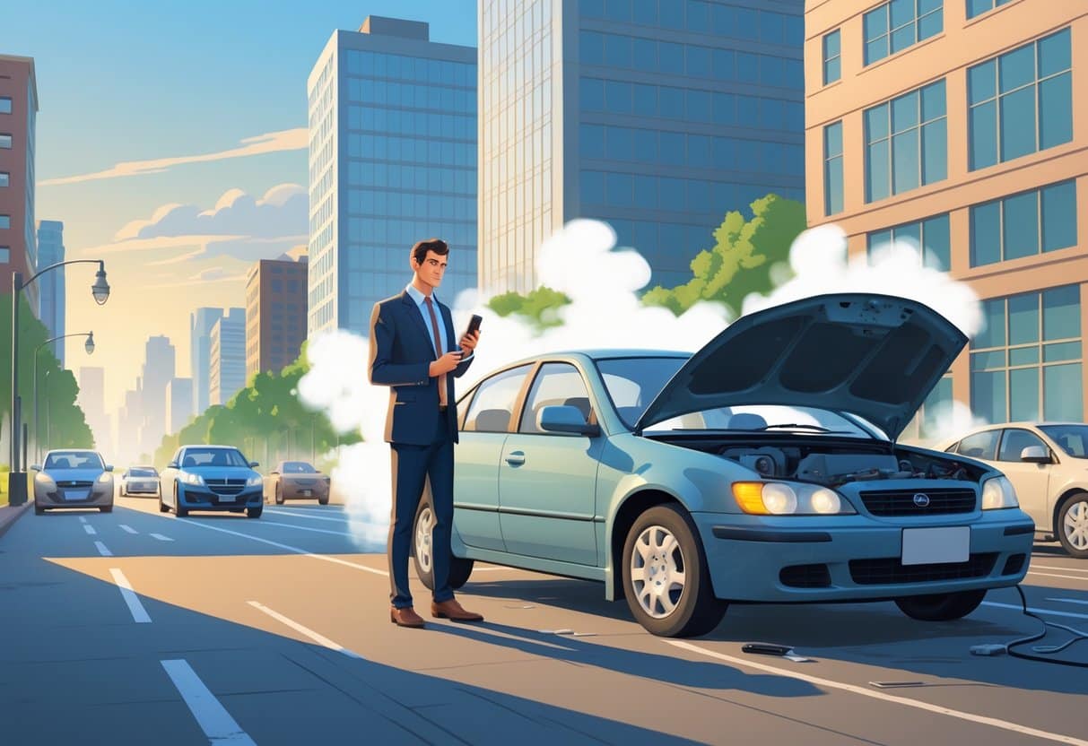 7 Excuse for Being Late for Work That Won’t Get You Fired in 2025: Practical Reasons Employers Understand 2 A person in business clothes stands next to a broken-down car with its hood open on a city street, holding a phone and looking concerned.