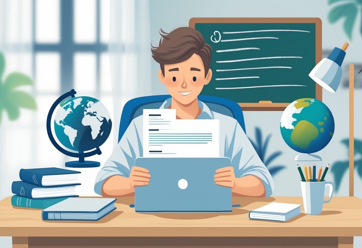 13 English Teacher Resume Examples & Guide for 2025: Expert Tips to Impress Schools 2 A person sitting at a desk, working on a resume on a laptop, surrounded by books and teaching materials in a bright study space.