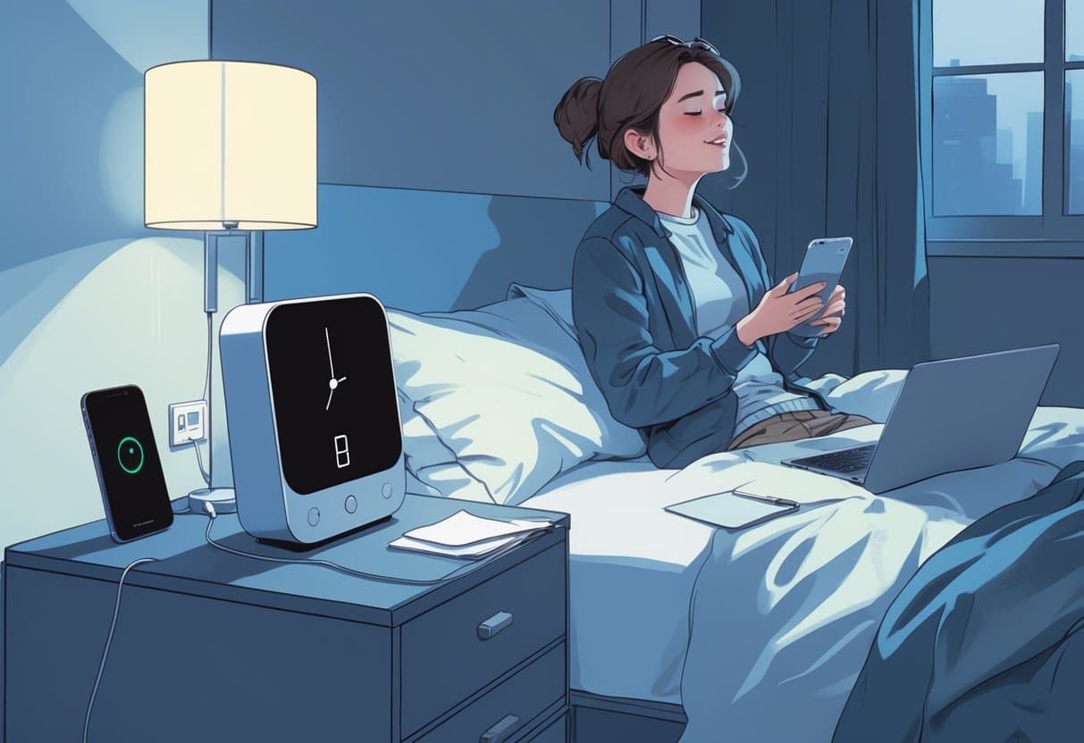 7 Excuse for Being Late for Work That Won’t Get You Fired in 2025: Practical Reasons Employers Understand 3 A person sitting on a bed in a dimly lit bedroom with a dark digital alarm clock and a smartphone showing no power, indicating a power outage.